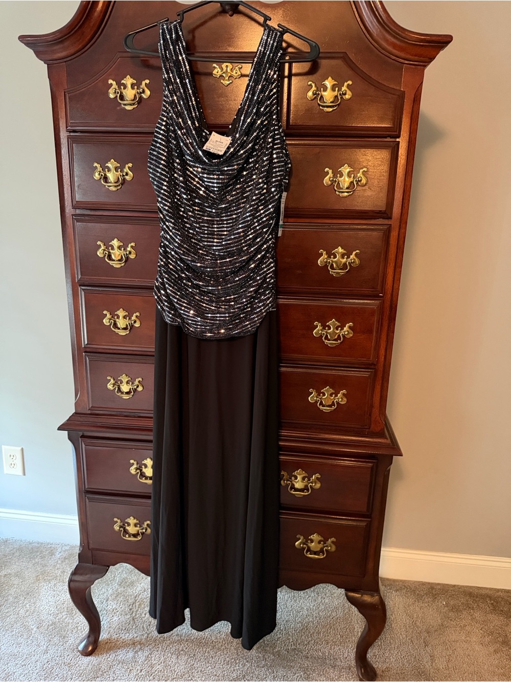 Black Sequin Draped Neck Evening Dress R&M Richard’s